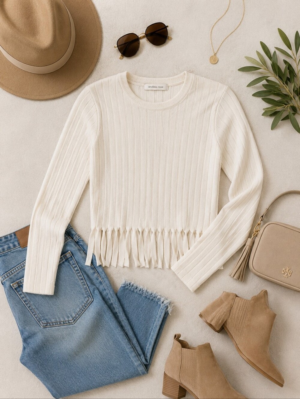 Endless Rose Cream Fringe Long Sleeve Top